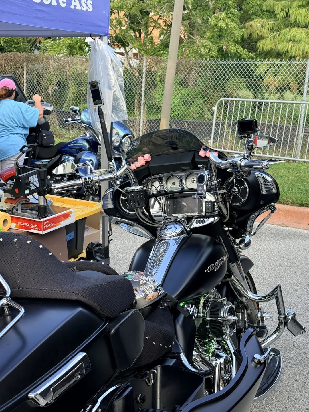 Motorcycle equipped with one Insta360 X Series camera and one Insta360 Ace Series camera.